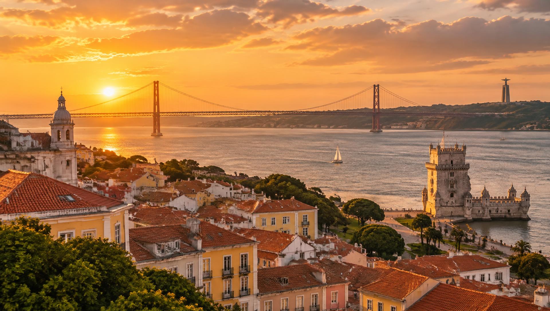 Lisbon at golden hour with the Tagus river and 25 de Abril bridge